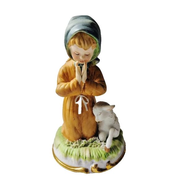Lefton China GG5600 Praying Girl with Lamb Bird Vintage Hand Painted Figurine 6" - Picture 1 of 3